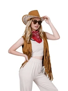 Bộ trang phục cao bồi miền Tây 3 món gồm áo vest tua rua, kính thời trang hình trái tim và khăn bandana, thích hợp cho buổi hòa nhạc đồng quê mùa hè. - Nhiều màu - Xem 5