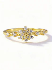 Flyleaf 1pc 925 Sterling Silver Luxury 18K Gold Plated Cubic Zirconia Snowflake Open Ring, Elegant Jewelry For Party & Banquet - Gold - View 14