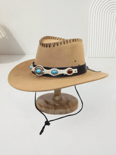 1顶女士纯色休闲波西米亚复古宫廷风派对可爱优雅街头风涤纶蝴蝶结铆钉水钻西部牛仔帽，男女皆宜，英伦复古派对节日爵士帽，户外旅行骑行帽，防风徒步帽，沙滩度假帽