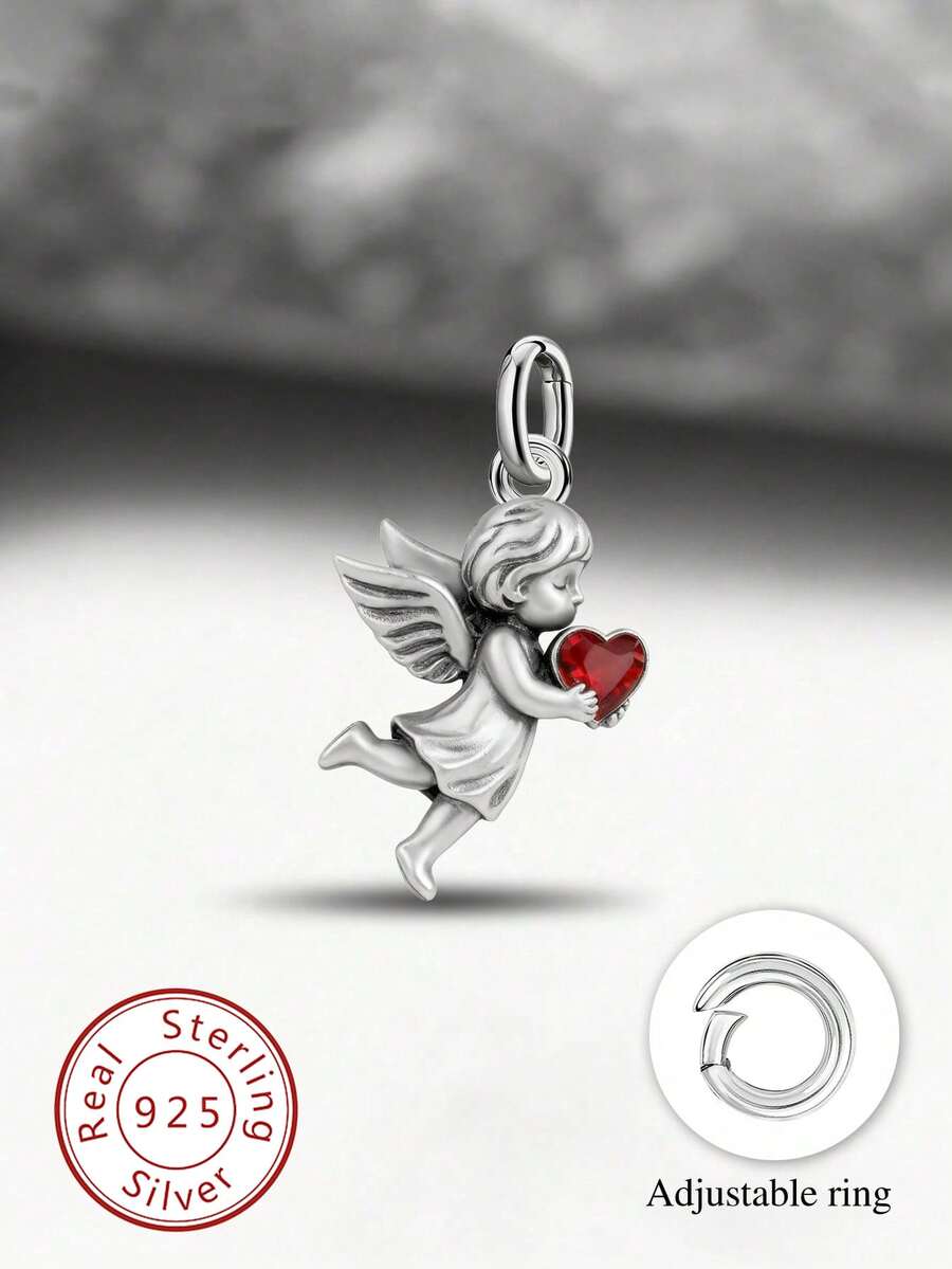 1件简约独特925纯银复古爱心拥抱天使吊坠，精致饰品，男女皆宜