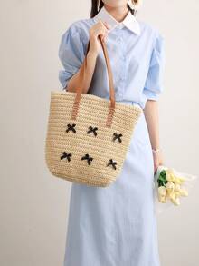 Casual Chic Hollow Straw Tote Bag, Versatile Large Capacity Beach Shoulder Bag For Women - White - View 2