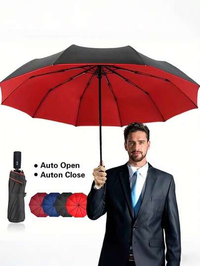 Paraguas grande y resistente de 10 varillas a prueba de viento - Negro/Rojo, apertura/cierre automático, marco de metal duradero, diseño portátil adecuado para ir al trabajo, negocios y uso al aire libre, accesorio esencial para ir al trabajo, paraguas de moda, duradero