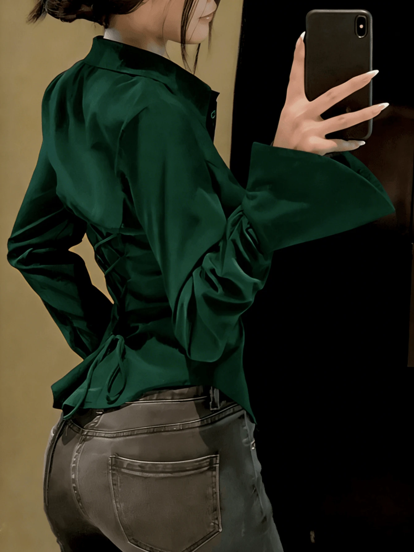 Elegant Women's Solid Color Shirt With Unique Back Tie And Front Button Details - Long Sleeve, Suitable For All Seasons Spring - Dark Green - View 1