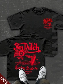 Double Side 180 Pure Cotton Vonn Dutch T Shirt Men's Casual Short-Sleeved T-Shirt, Combining Automotive And Motorcycle Art With Modern Design, Featuring Iconic Patterns – The Perfect Christmas Gift For Motorcycle Enthusiasts. - màu đen - Xem 1