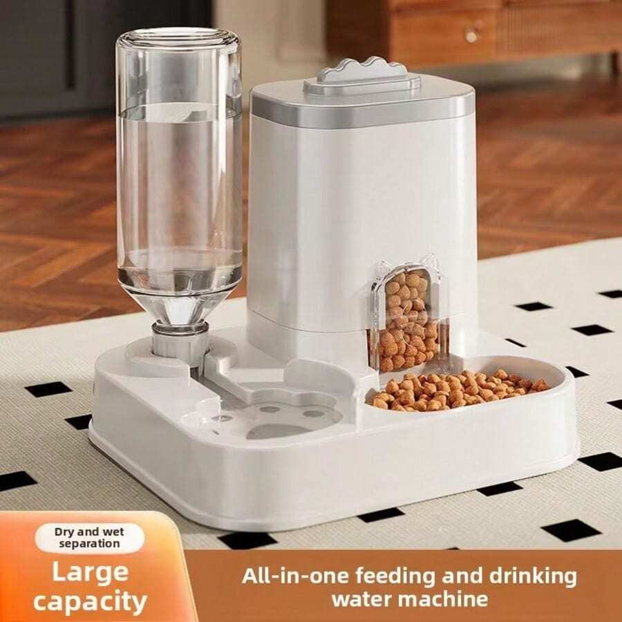 Automatic Pet Dog Cat Feeder And Water Dispenser Combo, Large Capacity Pet Food And Water Station With Multi-Pet Integrated Bowls (Grey)