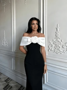 Black & White Color Block Off-Shoulder Ruched Bandage Formal Dress, Suitable For Party, Wedding, Formal Dinner - Black and White - View 3