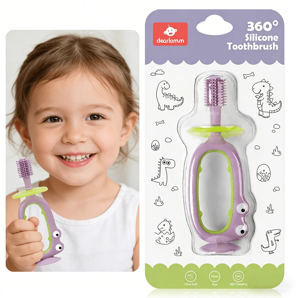 360° Baby Toothbrush With Suction Base,Toddler 12 Months Up,Infant Oral Cleaner, Baby Tongue Cleaner ,Adjustable Safety Shield - Lilac Purple - View 1