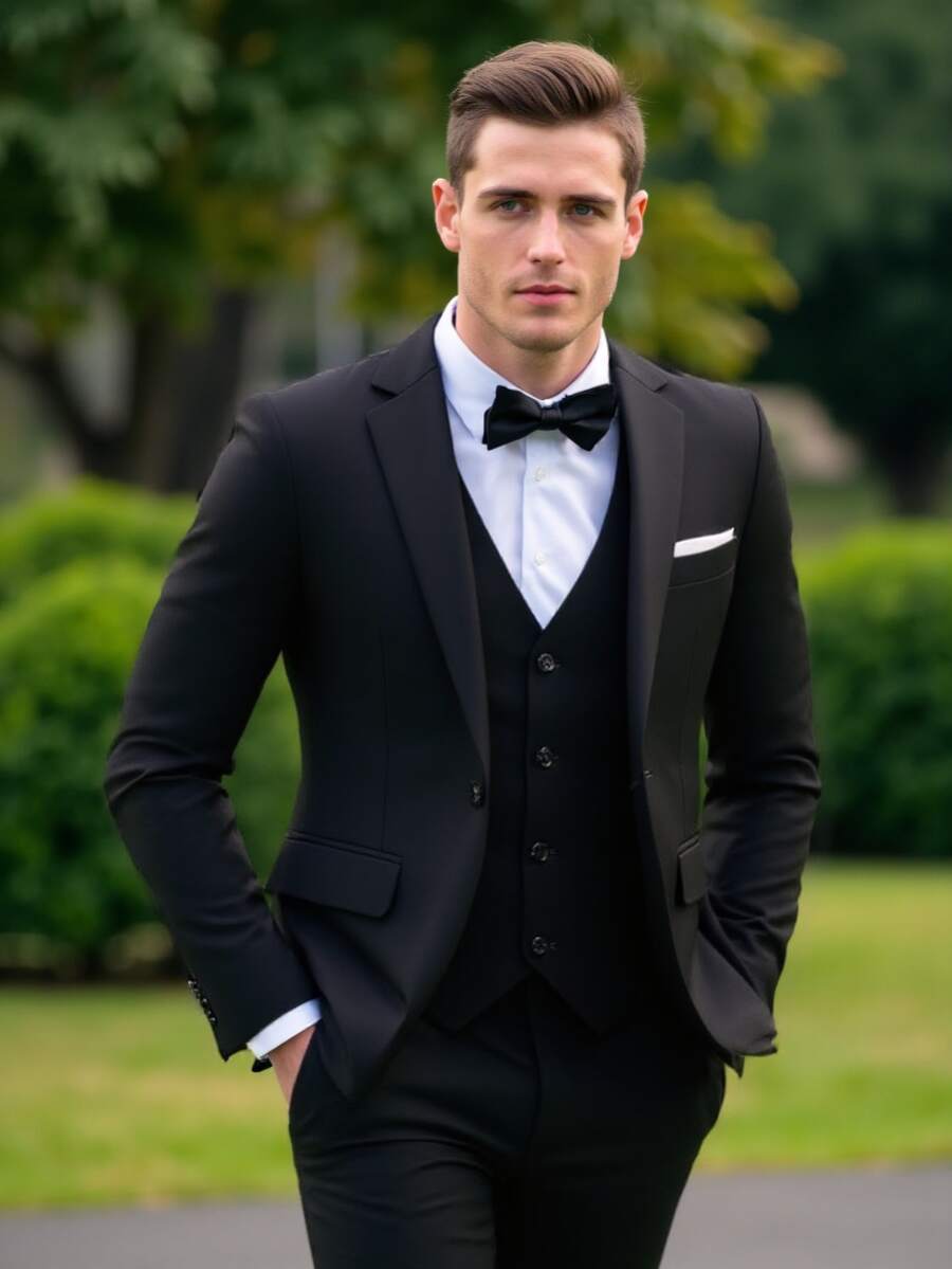Men Slim Business Casual Suits Dress Three Pieces Set Jacket Pants Vest Male Wedding Groom Wedding Blazer Coat Trousers Waistcoat High-Quality Professional Commuting Suit Sets - màu đen - Xem 1