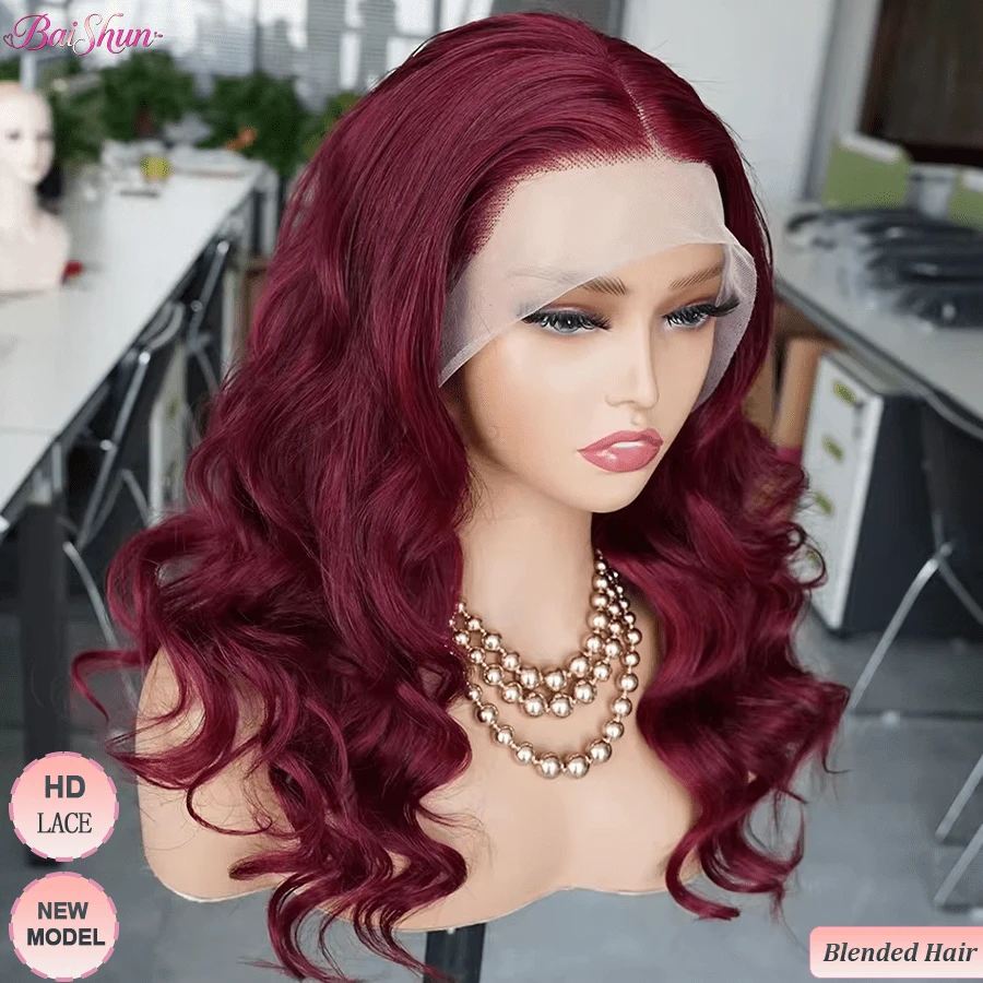 200% 密度巴西原生发 13x4 高清蕾丝前假发 真人前额发丝 自然波浪卷 真人混纺发假发 耳到耳高清蕾丝前额预拔毛 #99J 酒红色