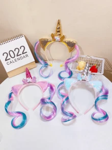 1pc Unicorn Headband, Princess Unicorn Wig, Halloween Party Performance Prop, Sequin Shell Hair Accessory Hair Band Hair Hoop,Summer,Holiday,Travel,Festival,Birthday - Multicolor - View 1