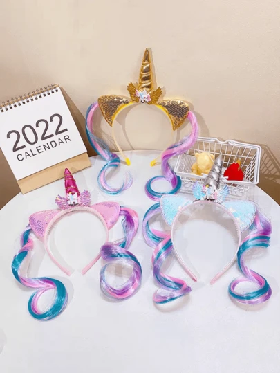 1 chiếc băng đô hình kỳ lân, tóc giả công chúa kỳ lân, đạo cụ biểu diễn tiệc Halloween, phụ kiện tóc hình vỏ sò đính kim sa, băng đô cài tóc, vương miện cài tóc.