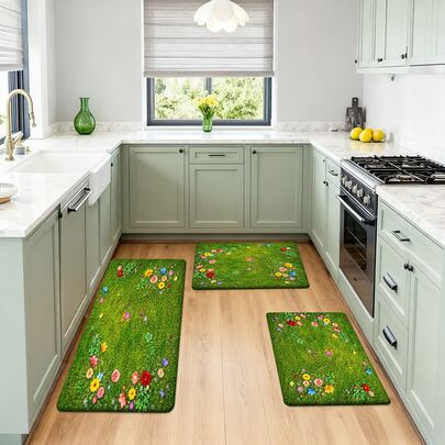 1/2/3pcs Fresh Floral & Green Plant Style Rug, Suitable For Living Room/Bedroom/Balcony, Wear-Resistant Non-Slip Polyester Material