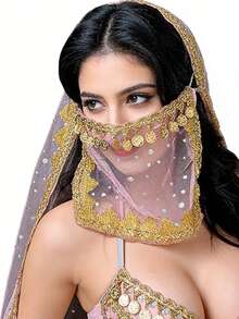 Bohemian Coin Fringe Sequin Embellished Sheer Mesh Face Veil - Exotic Belly Dance Accessory, Music Festival & Halloween Cosplay Face Decor (Multiple Colors Available) - Multicolor - View 4