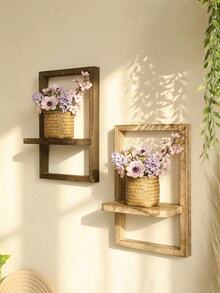 1pc Rustic Wooden Floating Shelf, Wall Mounted Storage Rack In Farmhouse Style For Bedroom, Kitchen, Bathroom, Small Wall Hanging Decorative Organizer - Multicolor - View 8