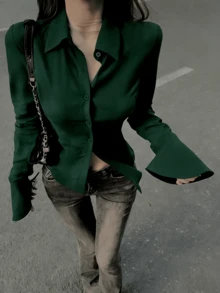 Elegant Women's Solid Color Shirt With Unique Back Tie And Front Button Details - Long Sleeve, Suitable For All Seasons Spring - Dark Green - View 4