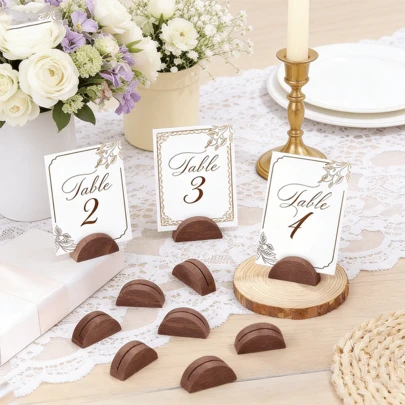 6'lı/10'lu Ahşap Masa Numarası Tutucu, Yarım Daire Tasarımlı İsim Kartı Tutucu, Düğünler, Restoranlar, Doğum Günü Partileri İçin Yeniden Kullanılabilir Fotoğraf/Menü Klipsleri (Kahverengi)