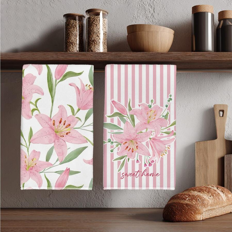 2pcs Pink Lily Flower Pattern Kitchen Towels, Soft Polyester Material Dish Cloths, Suitable For Kitchen Decor, Cleaning, Holiday Party Decoration, Kitchen & Bathroom Essentials, Home Decor, Housewarming Gift - Multicolor - View 1