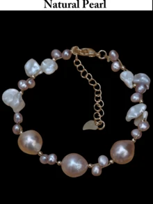 时尚个性手链，天然巴洛克珍珠手链，白色和浅粉色不规则淡水养殖珍珠串，女士日常佩戴，派对/婚礼/节日礼盒装 - A款 - 查看 11