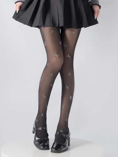 Women's Luxury Bow Hotfix Rhinestone Black Pantyhose, Spring Summer Ultra Thin Sheer Sexy Pure Desire Bottoming Stockings