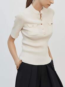 女款優雅休閒針織上衣，復古風，純色圓領半開襟亨利領針織套頭衫，修身版型，女士通勤百搭街頭風夏季上衣 - 杏色 - 查看 5