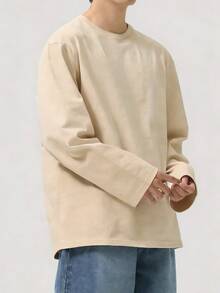 Simple Studio | Men's Casual Street Versatile Solid Color Crew Neck Long Sleeve T-Shirt - Apricot - View 3