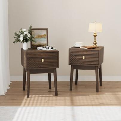 Modern Mid-Century Style Walnut Bedside Table With Metal Handles, 40 X 40 X 55 Cm, Set Of 2.