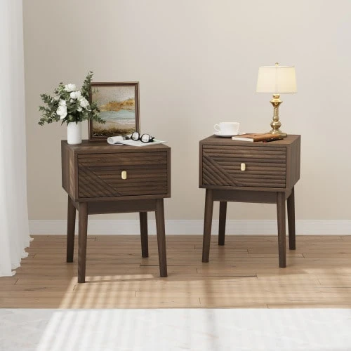 Modern Mid-Century Style Walnut Bedside Table With Metal Handles, 40 X 40 X 55 Cm, Set Of 2. - Camel - View 1