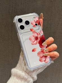 Half Red Flower TPU Transparent Shockproof Phone Case, Compatible With IPhone 17 Pro, 16/16 Pro Max, 15, 11, 12, 13, 14, XR, XS, Pro, Max, 13 Pro Max, 15 Plus, 17, 17 Pro Max, Mini, Card Holder, Photo Slot, Holiday Gift - Clear - View 2