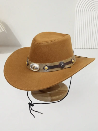 1pc Women's Boho Casual Retro Elegant Cute Street Polyester Bow Rivet Western Cowboy Hat, Suitable For All Genders, British Vintage Party Festival Jazz Cap, Outdoor Travel Riding Windproof Hiking Camping Beach Holiday Casual Hat