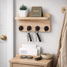 Organizador de llaves de madera decorativo con 4 ganchos dobles para montaje en pared, con estante de almacenamiento para entrada, decoración del hogar, cartas, paquetes, estilo vintage rústico, soporte para llaveros montado - 4 ganchos - Ver 7