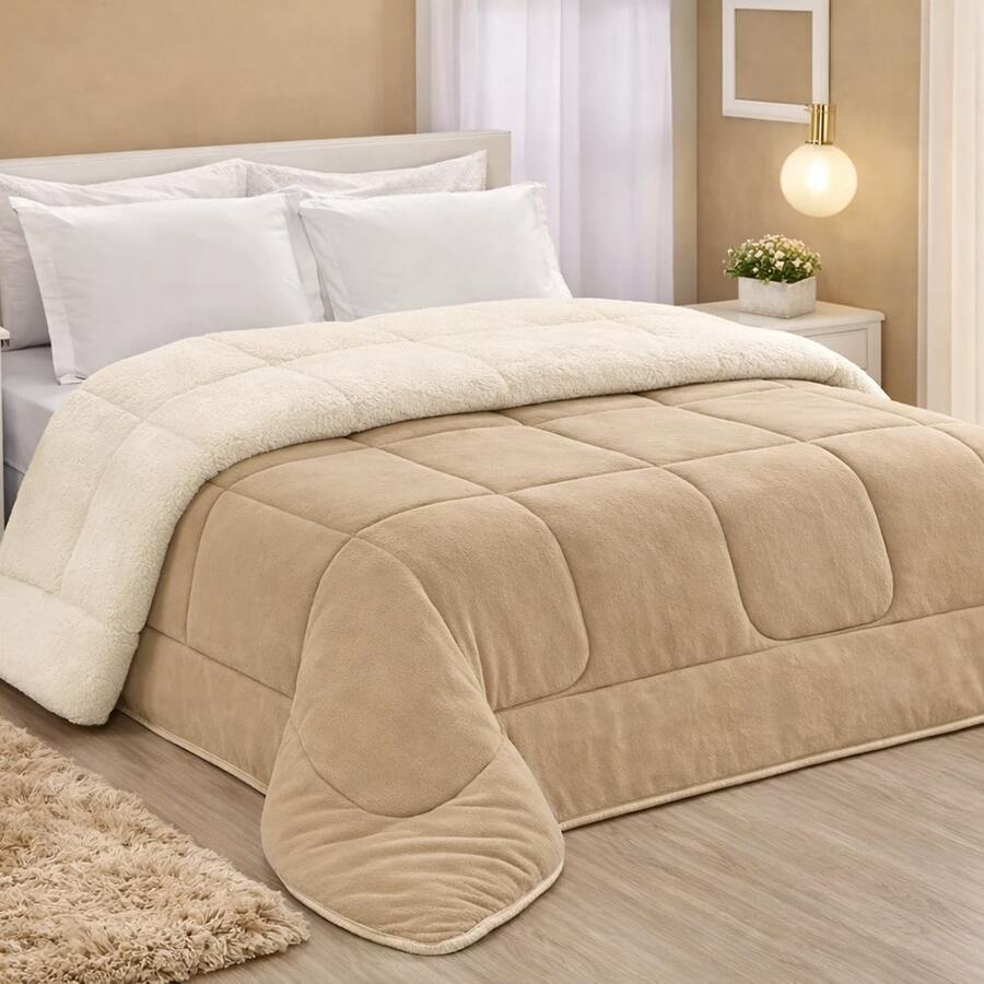 Sherpa Comforter, Blanket, And Comforter, Queen Size, Thick, Various Colors - Beige - View 1