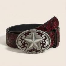 1 pieza Cinturón casual de estilo vintage occidental para hombres con hebilla metálica en forma de estrella de cinco puntas, patrón de relieve floral irregular en color aleatorio, adecuado para uso diario - Rojo en relieve - Ver 9