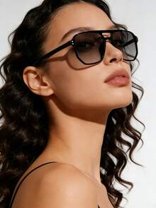 Black Double-Bridge Retro Fashion Fashion Glasses, Unisex Suitable For Driving, Vacation, Party, Daily Wear, Stylish Outfit, PC Frame Material - Black - View 2