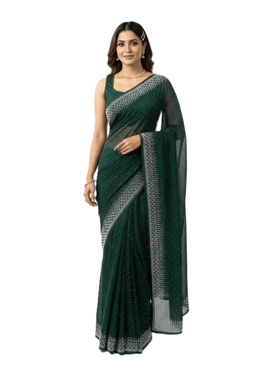 Estationeryhouse Designer Georgette Saree With Shimmer Stripes, Swarowski Work, Large Border, With Unstitched Blouse Piece - Green - View 1