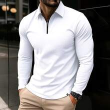 Men's Long-Sleeved Polo Shirt With Front Zip, Made Of Polyester, Regular Fit And Casual Style. - 白色 - 查看 7