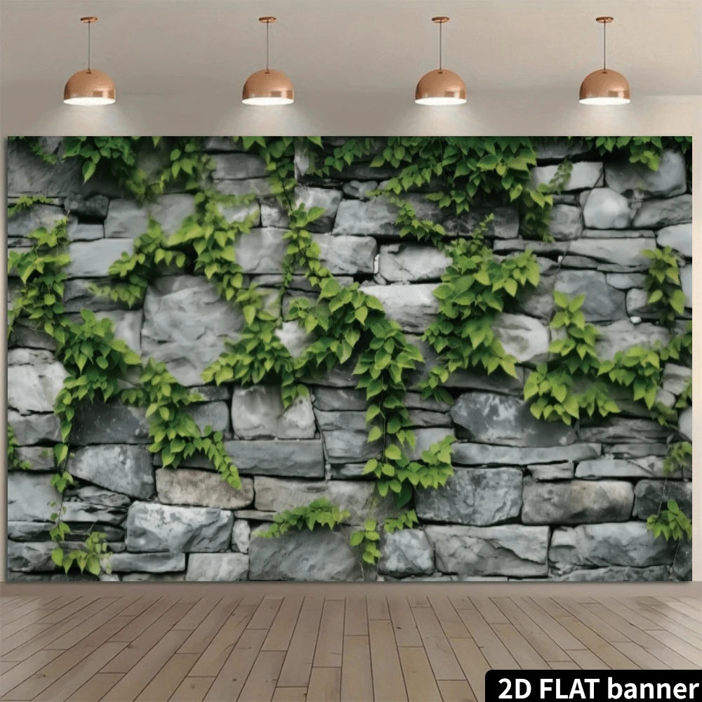 1 tấm banner trang trí nhà để xe - Thiết kế tường đá với dây leo xanh mướt, chất liệu polyester, kích thước 157 x 71 inch, lý tưởng cho trang trí tiệc lễ hội, chụp ảnh và các sự kiện theo chủ đề khu vườn. - Xem 1