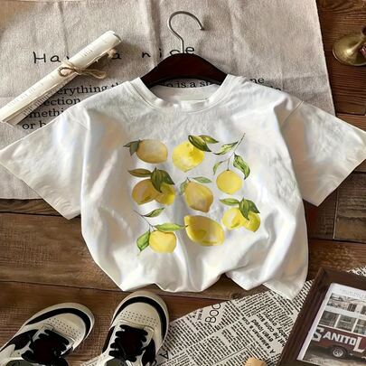 Women's Lemon Print T-Shirt - Lemon Tree Branch & Leaf Design With Yellow Lemons, Green & White Casual Short Sleeve Top, Lemon Slices For Summer Outfits, Beachwear, Picnic Outfits - Breathable Lemonade-Themed Shirt