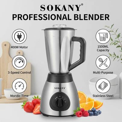  SOKANY 03012 1.5L Multi-Function Household Blender, Dual-Function Glass Countertop Mixer, 3-Speed Adjustable, Suitable For Smoothies, Milkshakes, Juices And Sauces, Silver
