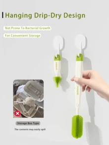 Detachable Multifunctional Baby Silicone Bottle Brush Set, 360° Cleaning Brush For Bottle, Nipple & Straw, Baby Feeding Cleaning Tool,7-In-1 Set - Green - View 2