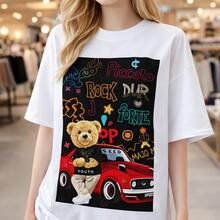 Camiseta de algodón para mujer con estampado de oso lindo y coche rojo, estilo casual y holgado, ideal para uso diario, regalos de cumpleaños, regalos de Navidad, regalos de Halloween o como camiseta conmemorativa para amigos o seres queridos. También es adecuada como suéter. Entrega rápida. - Blanco - Ver 6