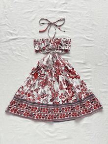 Vestido Curto Feminino Estampado Floral ,Modelo Cami com Recorte e Anel, Ideal para Praia e Verão - Vermelho - Visão 2