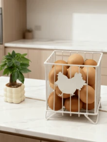 Farmhouse Style Metal Wire Egg Basket,Chicken Decor Design Hollow Egg Holder With Raised Base, Countertop & Refrigerator Organizer Bin For Kitchen Farmhouse Style Egg Container, Black & White Optional - View 10