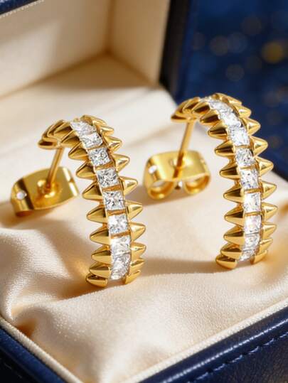 Women's Gold-Plated Rivet C-Shaped Earrings, Fully Inlaid With Zirconia Stones, Minimalist Personalized Style, Suitable For Daily Commute And Workwear, An Ideal Gift For Fashion Enthusiasts