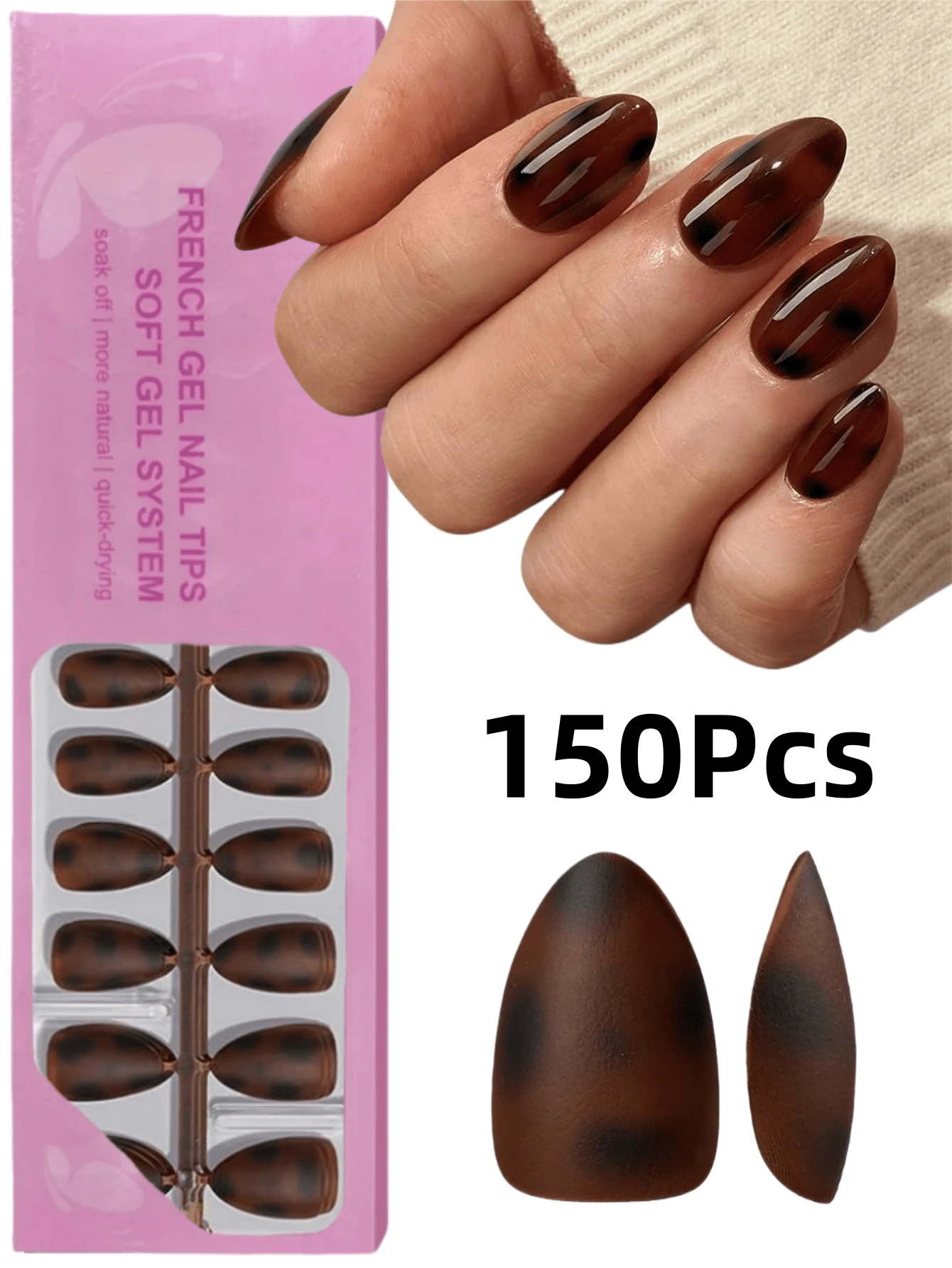 150片法式豹纹短杏仁形美甲贴纸，高品质可水洗可卸甲凝胶美甲贴纸，提供15种尺寸，棕色和黑色豹纹图案按压式美甲贴片