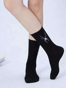 1 Pair Spider Pattern Black Mid-Calf Socks, Minimalist Fashion, Suitable For Daily Wear - Black - View 4