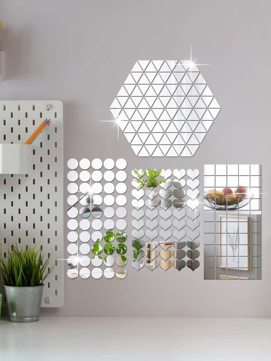 200 Pieces Of Small Triangular, Circular, Square, Heart-Shaped Combination Mirror Wall Stickers - 1mm - View 1