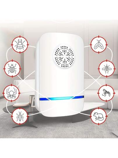 超声波智能变频驱虫器，ABS外壳，物理驱虫，低功耗，静音低噪音，驱赶多种害虫，适用于家庭、厨房、办公室、酒店、仓库等场所，有效控制室内害虫、蚊子和老鼠。