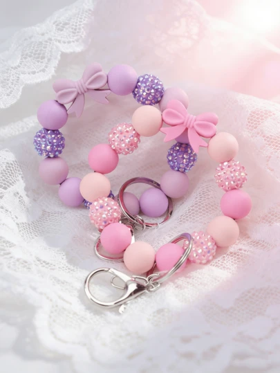 1个可爱蝴蝶结硅胶串珠手腕钥匙扣，甜美女孩礼物，闪亮水钻珠子钥匙圈，汽车钥匙扣，时尚包包挂饰配饰
