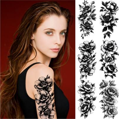 6张花朵临时纹身贴纸，大号黑色花卉手臂袖套防水纹身贴，女士适用