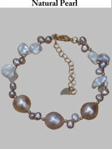 时尚个性手链，天然巴洛克珍珠手链，白色和浅粉色不规则淡水养殖珍珠串，女士日常佩戴，派对/婚礼/节日礼盒装 - A款 - 查看 12